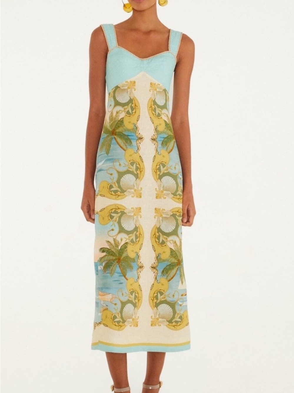 FARM Rio Aqua, Yellow and Cream Printed Midi Dress